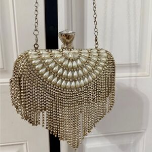 Natasha Couture Silver Rhinestone Fringe & Jewel Shoulder Evening Bag